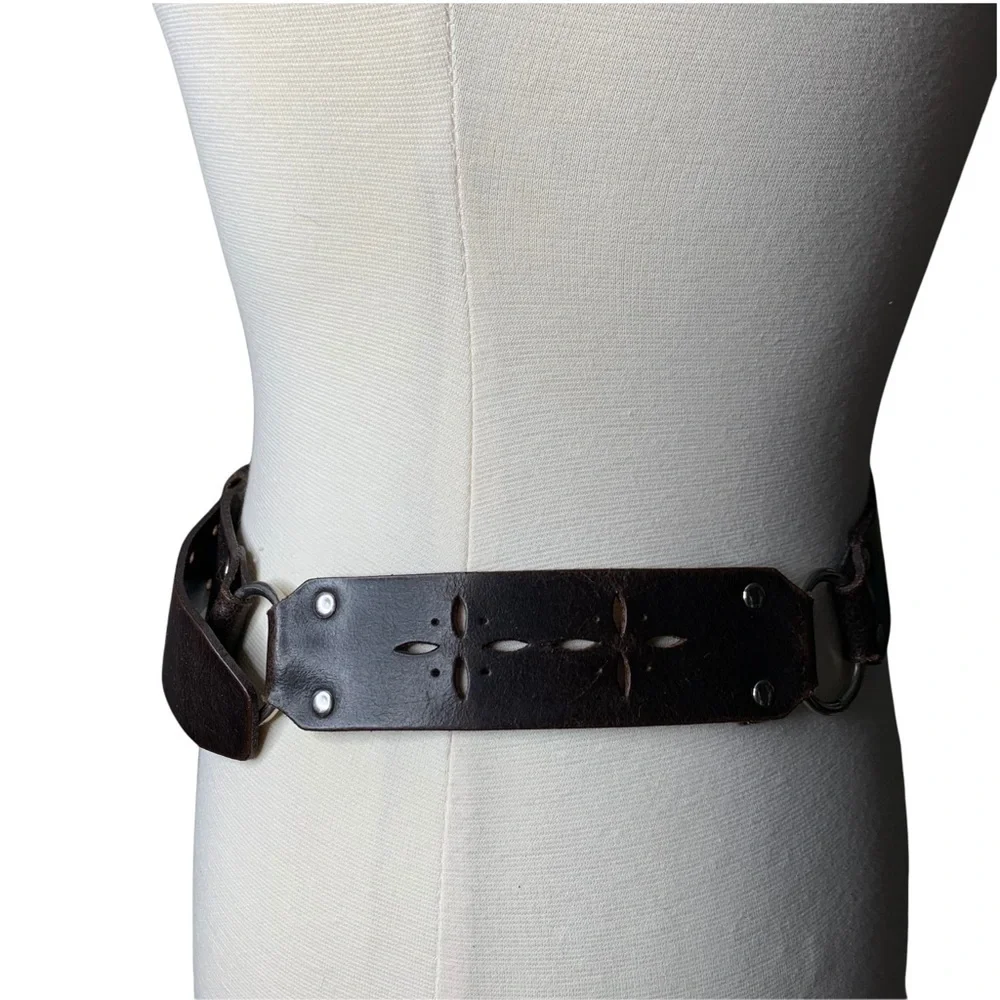 Hipwear Dark Brown Distressed Belt Starburst Cut Outs & Silver Buckle & Rings